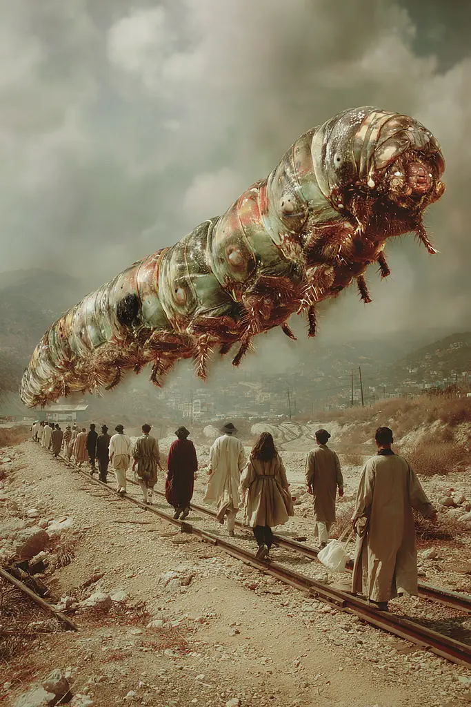 Midjourney generated image using SREF code Velvetenigma: A group of people walking down a train track next to a giant caterpillar.