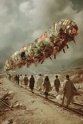 Midjourney generated image using SREF code Velvetenigma: A group of people walking down a train track next to a giant caterpillar.