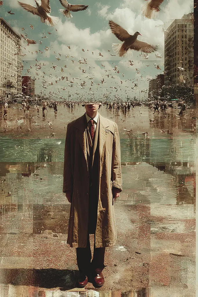Midjourney generated image using SREF code Velvetenigma: A man in a trench coat standing in the middle of a city.