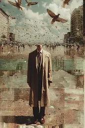 Midjourney generated image using SREF code Velvetenigma: A man in a trench coat standing in the middle of a city.