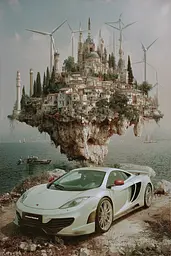 Midjourney generated image using SREF code Velvetenigma: A white sports car parked in front of a small island.