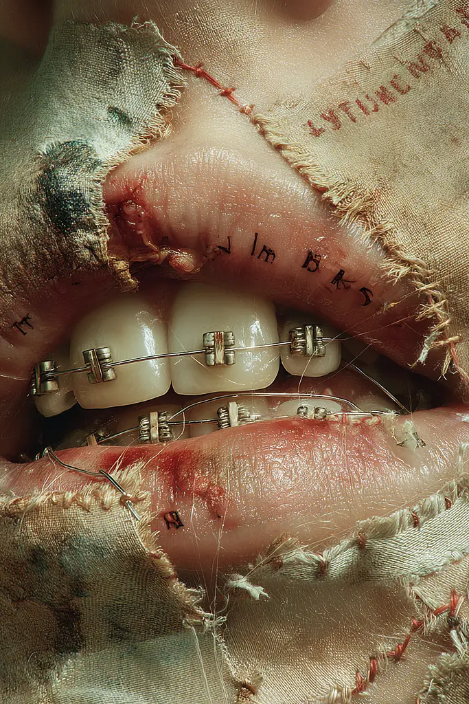 Midjourney generated image using SREF code Velvetenigma: A close up of a woman's mouth with braces on it.