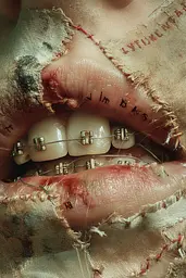 Midjourney generated image using SREF code Velvetenigma: A close up of a woman's mouth with braces on it.