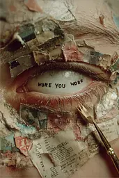 Midjourney generated image using SREF code Velvetenigma: a close up of a person's eye with a piece of paper on it
