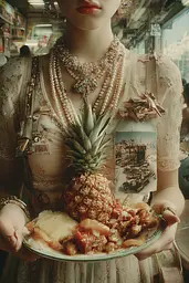 Midjourney generated image using SREF code Velvetenigma: A woman holding a plate of food with a pineapple on it.