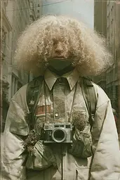 Midjourney generated image using SREF code Velvetenigma: A man with curly hair holding a camera.