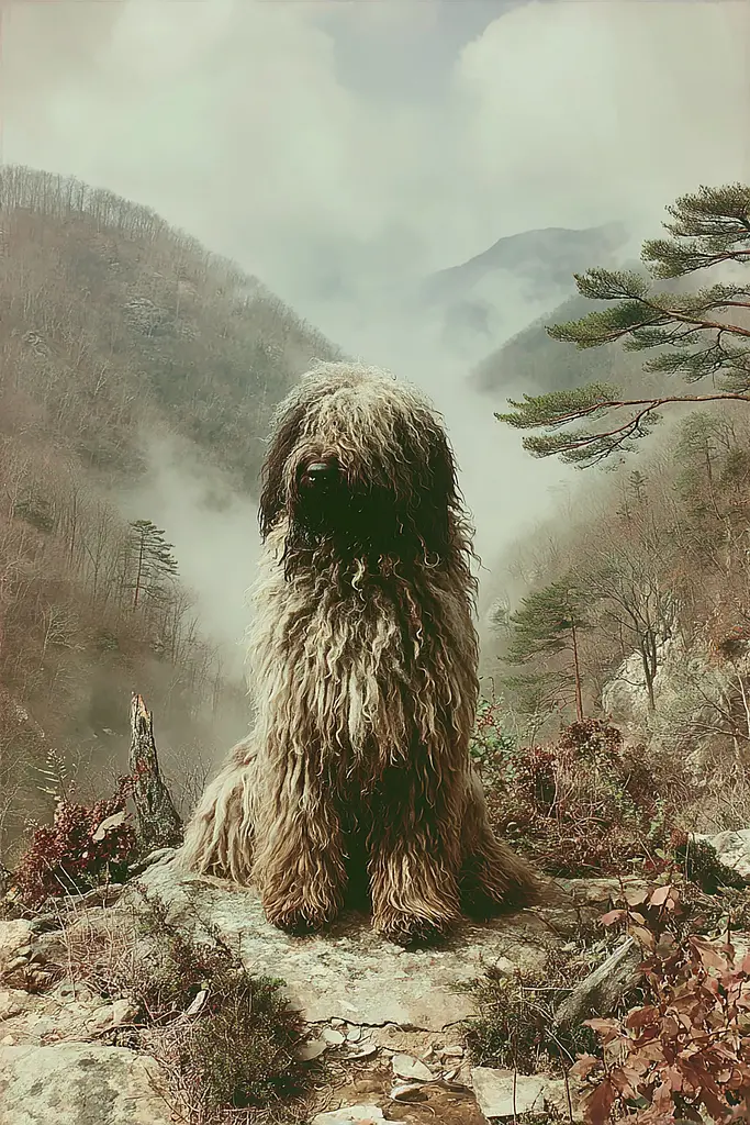 Midjourney generated image using SREF code Velvetenigma: A dog sitting on top of a rock in the mountains.
