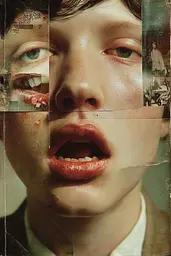 Midjourney generated image using SREF code Velvetenigma: a close up of a person's face with a collage of photos on it
