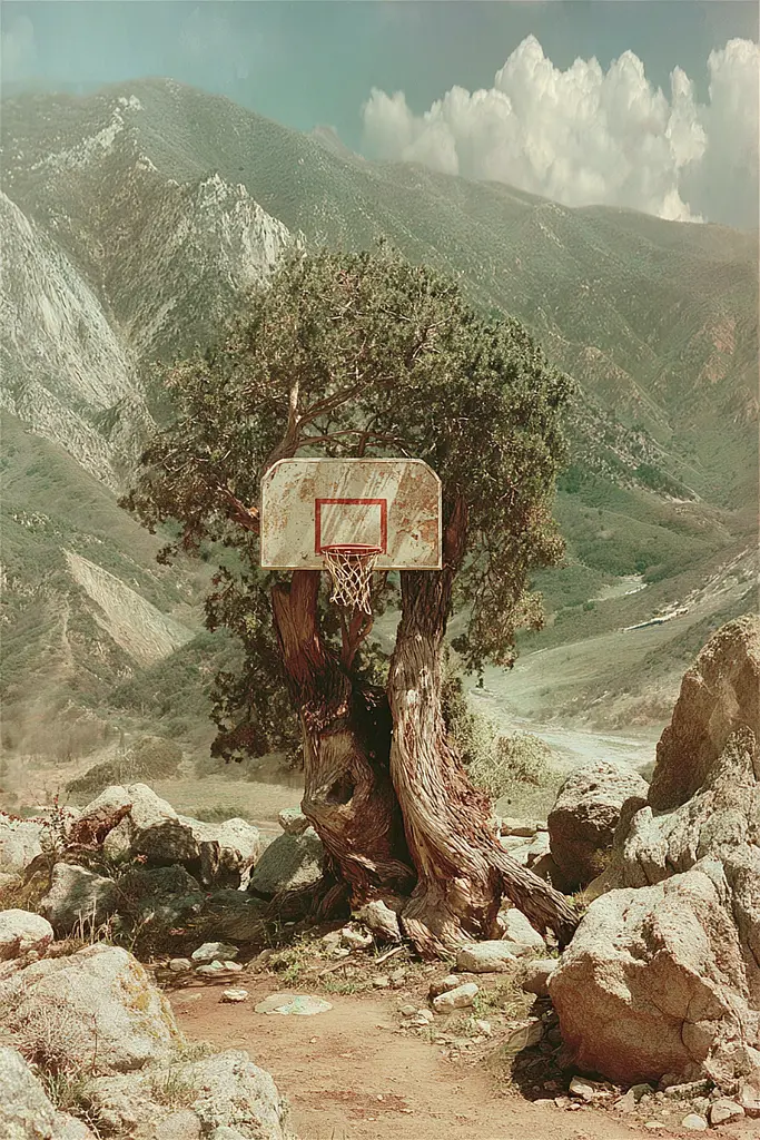Midjourney generated image using SREF code Velvetenigma: A basketball hoop sitting on top of a tree in the mountains.