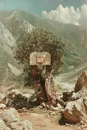 Midjourney generated image using SREF code Velvetenigma: A basketball hoop sitting on top of a tree in the mountains.