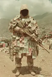 Midjourney generated image using SREF code Velvetenigma: A soldier in camouflage holding a rifle and a bunch of money.