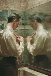 Midjourney generated image using SREF code Velvetenigma: A man adjusting his tie in front of a mirror.