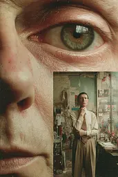 Midjourney generated image using SREF code Velvetenigma: A man standing in front of a mirror next to a photo of his face.