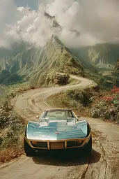 Midjourney generated image using SREF code Velvetenigma: A blue car driving down a winding mountain road.