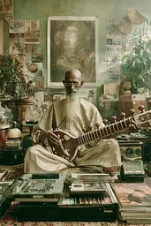 Midjourney generated image using SREF code Velvetenigma: A man sitting on the floor playing a sitar.