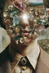 Midjourney generated image using SREF code Velvetenigma: A woman with a lot of crystals on her face.