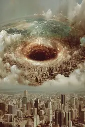 Midjourney generated image using SREF code Velvetenigma: A black hole in the middle of a city surrounded by clouds.