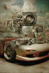 Midjourney generated image using SREF code Velvetenigma: A car with a large engine in the middle of it.