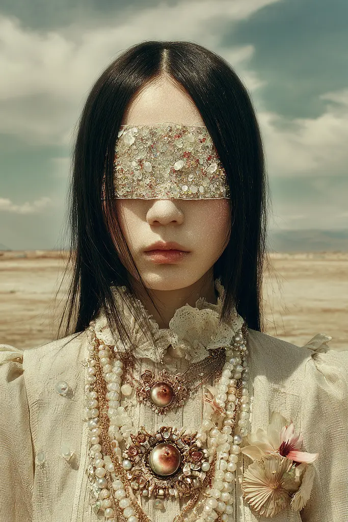 Midjourney generated image using SREF code Velvetenigma: A woman wearing a white dress and a mask in the desert.