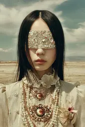 Midjourney generated image using SREF code Velvetenigma: A woman wearing a white dress and a mask in the desert.
