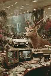 Midjourney generated image using SREF code Velvetenigma: A deer standing in front of a desk with a car in the background.