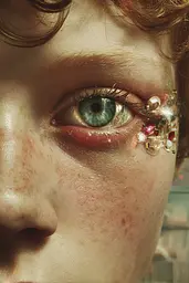 Midjourney generated image using SREF code Velvetenigma: A close up of a woman's face with a jeweled eye patch.