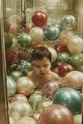 Midjourney generated image using SREF code Velvetenigma: A small child in a bathtub filled with lots of colorful balls.