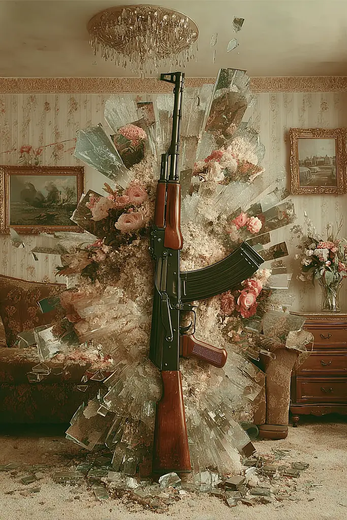 Midjourney generated image using SREF code Velvetenigma: A gun that is sitting in the middle of a room.