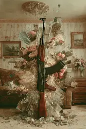 Midjourney generated image using SREF code Velvetenigma: A gun that is sitting in the middle of a room.
