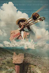 Midjourney generated image using SREF code Velvetenigma: A man in a suit and hat playing a trumpet.
