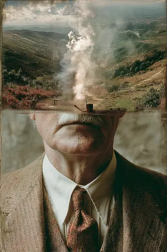 Midjourney generated image using SREF code Velvetenigma: A man in a suit and tie with a pipe in his mouth.