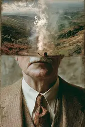 Midjourney generated image using SREF code Velvetenigma: A man in a suit and tie with a pipe in his mouth.