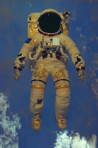 Midjourney generated image using SREF code Golden Elegance: A man in a space suit floating in the air.