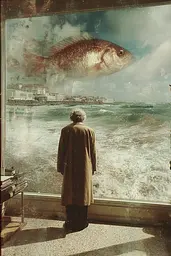 Midjourney generated image using SREF code Velvetenigma: A man standing in front of a window looking at a fish.