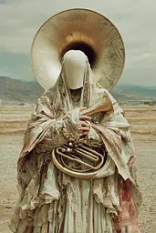 Midjourney generated image using SREF code Velvetenigma: A woman in a white dress holding a tuba in the desert.