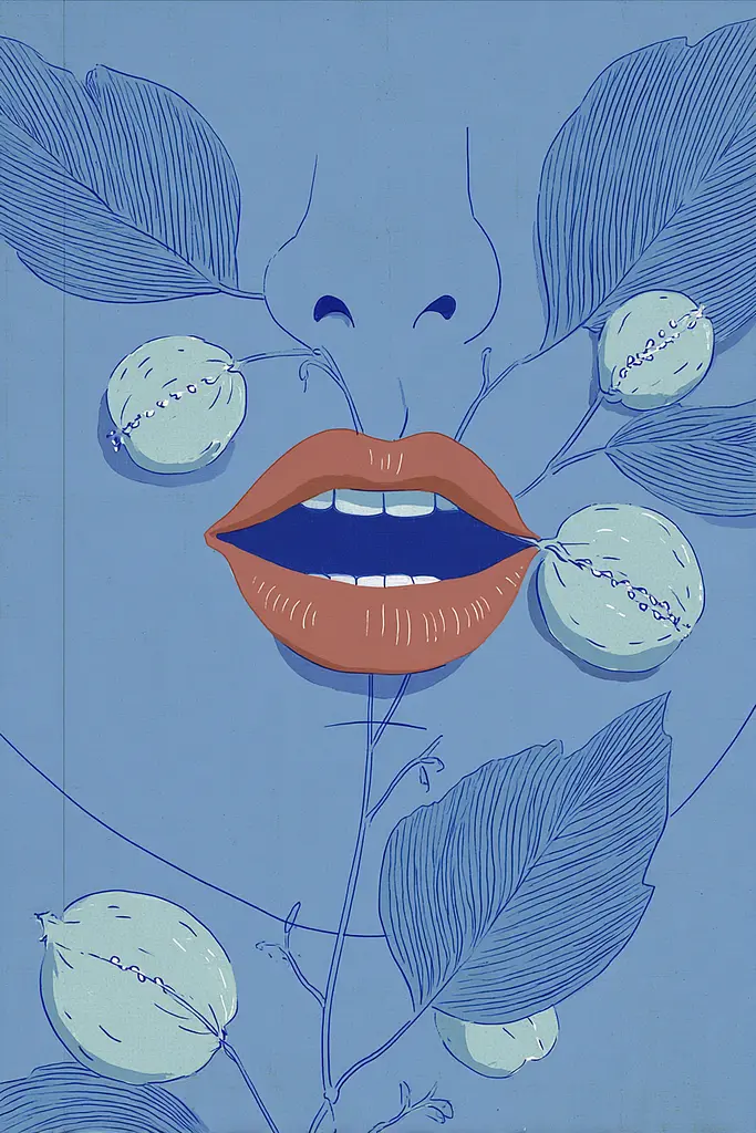 Midjourney generated image using SREF code Cerulean Quietude: A blue and white illustration of a woman's mouth with leaves around her mouth.