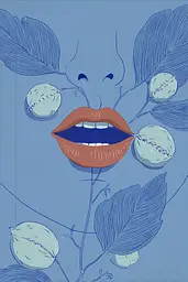 Midjourney generated image using SREF code Cerulean Quietude: A blue and white illustration of a woman's mouth with leaves around her mouth.
