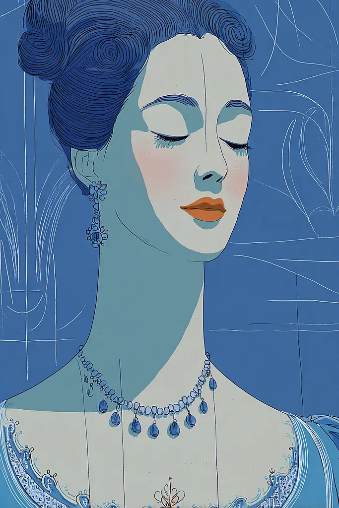 Midjourney generated image using SREF code Cerulean Quietude: A woman in a blue dress with a necklace and earrings.