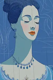 Midjourney generated image using SREF code Cerulean Quietude: A woman in a blue dress with a necklace and earrings.
