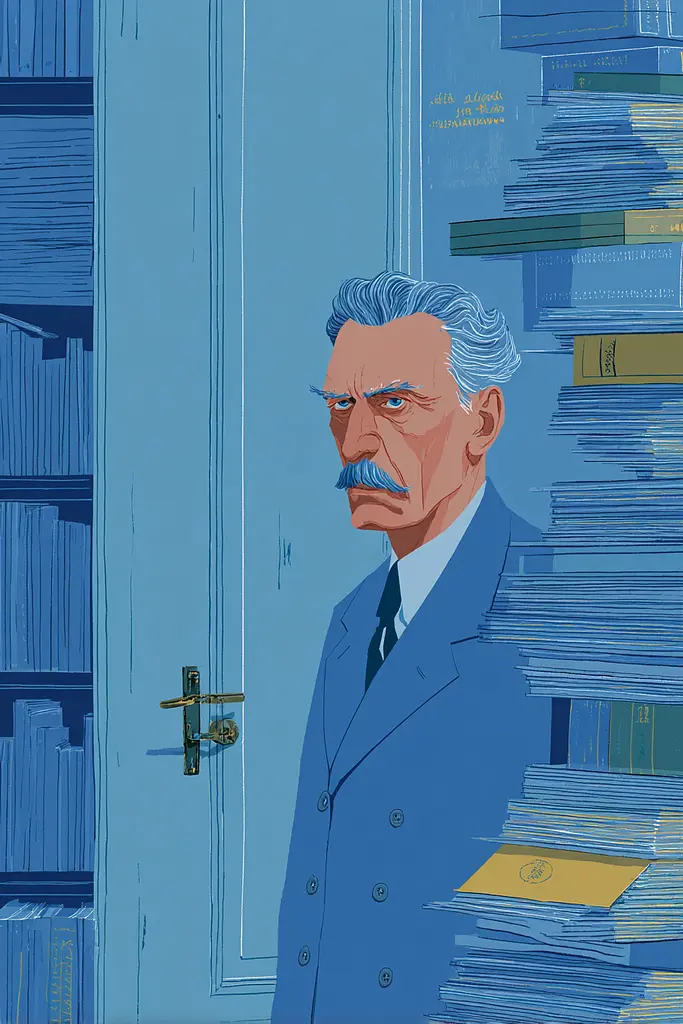 Midjourney generated image using SREF code Cerulean Quietude: A man in a suit and tie standing in front of a door.