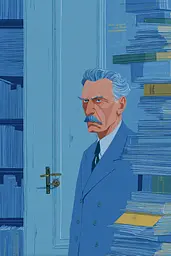 Midjourney generated image using SREF code Cerulean Quietude: A man in a suit and tie standing in front of a door.