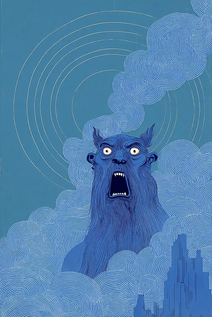 Midjourney generated image using SREF code Cerulean Quietude: A blue illustration of a monster in the clouds with a city in the background.