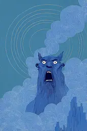 Midjourney generated image using SREF code Cerulean Quietude: A blue illustration of a monster in the clouds with a city in the background.