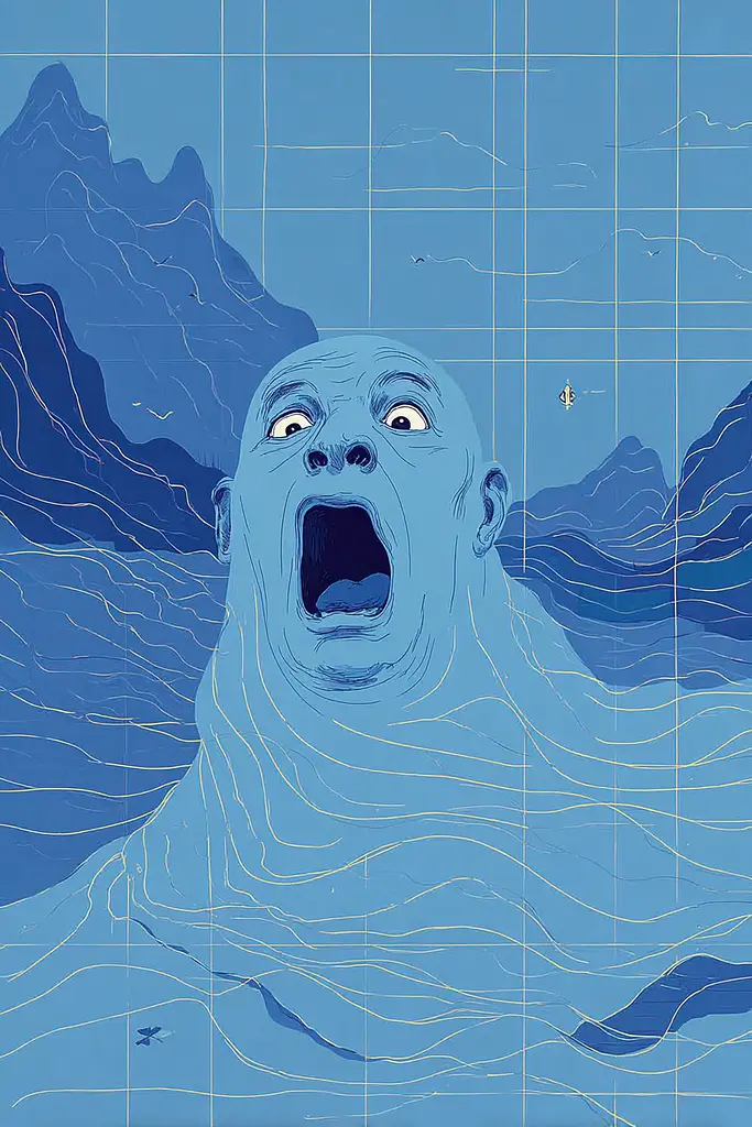 Midjourney generated image using SREF code Cerulean Quietude: A man in the water with his mouth open in front of mountains.