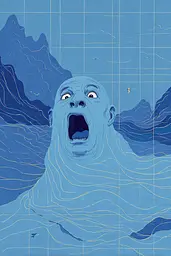 Midjourney generated image using SREF code Cerulean Quietude: A man in the water with his mouth open in front of mountains.