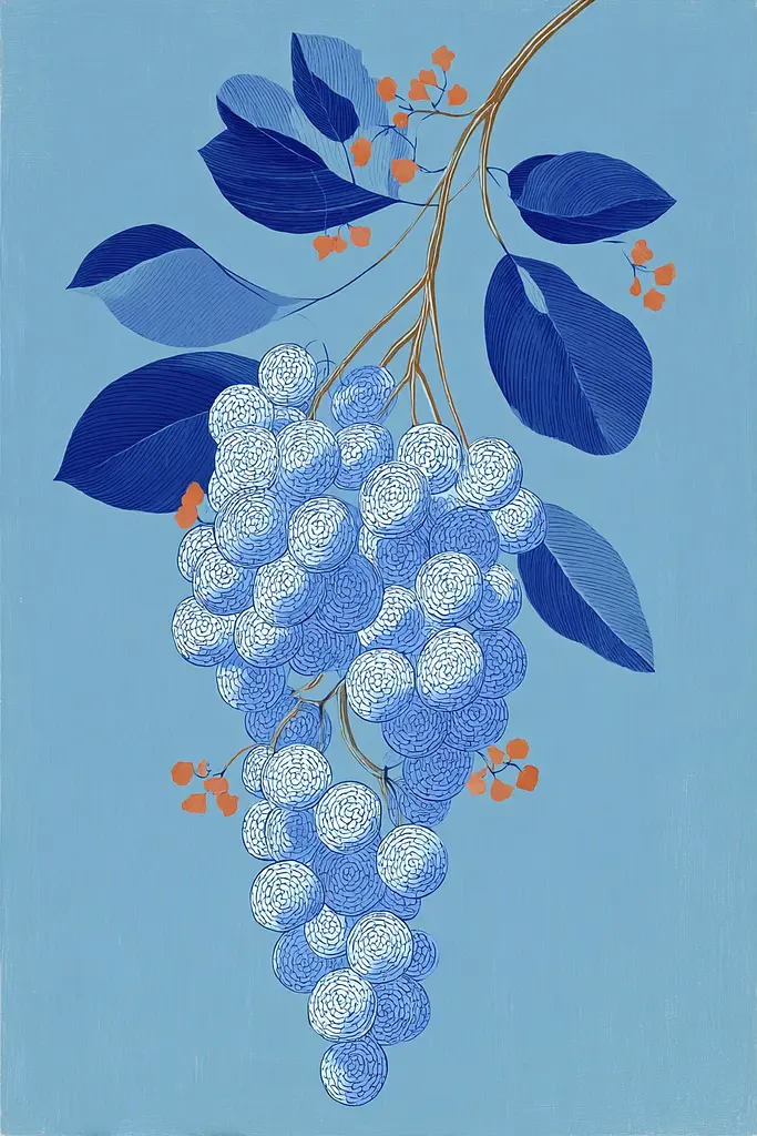 Midjourney generated image using SREF code Cerulean Quietude: A bunch of blue grapes on a branch with leaves.