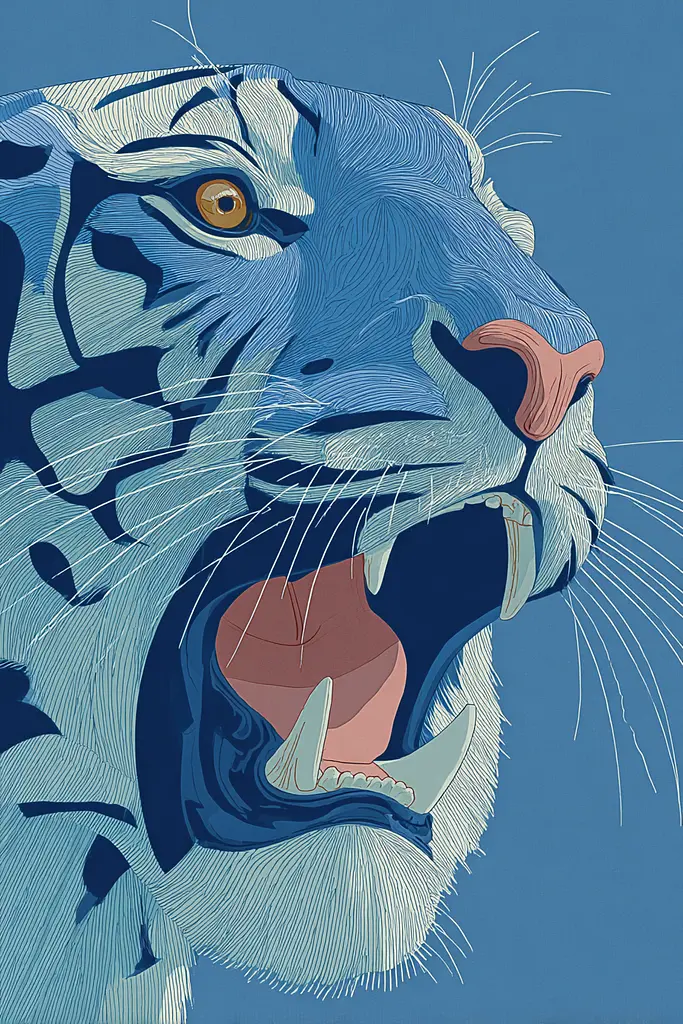 Midjourney generated image using SREF code Cerulean Quietude: A white tiger with its mouth open showing its teeth.