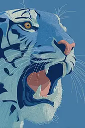 Midjourney generated image using SREF code Cerulean Quietude: A white tiger with its mouth open showing its teeth.