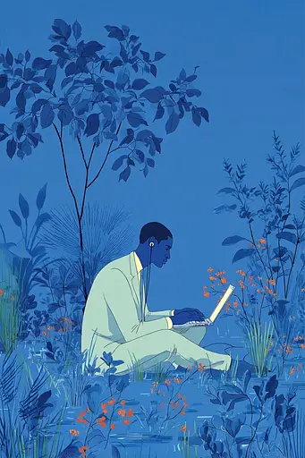 Midjourney generated image using SREF code Cerulean Quietude: A man sitting in a field using a laptop computer.
