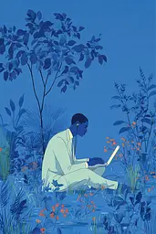 Midjourney generated image using SREF code Cerulean Quietude: A man sitting in a field using a laptop computer.